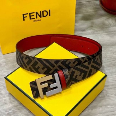 特P160 Fendi（芬迪）专柜同款 宽4.0Cm 双环正反用腰带 Ff按钉搭扣 大红色Cuoio Romano皮革材质 反面面料带有烟草黄和黑色Ff图案 四