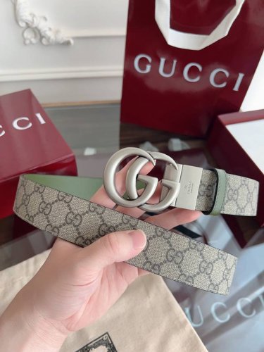Gucci 627055 Kaaad 杏色Supreme pvc老花 绿猪皮纹底 宽度3.7Cm 复古Gg旋转扣[原单精品扣] 双面可用 可裁剪