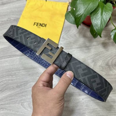 p190 Fendi（芬迪）专柜同款 宽4.0Cm 双环正反用腰带 Ff按钉搭扣 蓝色Cuoio Romano皮革材质 反面面料带有烟草黄和黑色Ff图案 四方金