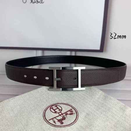 HermèS 爱马仕针扣 原单品质 头层牛皮 咖啡色荔枝纹搭配黑色平纹 32Mm宽 双面可用 配官网H黑间银扣 - 点击图像关闭