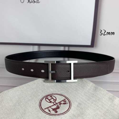 HermèS 爱马仕针扣 原单品质 头层牛皮 咖啡色荔枝纹搭配黑色平纹 32Mm宽 双面可用 配官网H黑间银扣