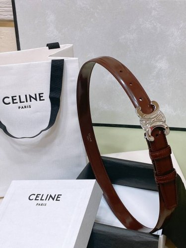 Celine 23 小号Triomphe Taurillon皮革腰带 青铜色 Taurillon.中腰，金色饰面金属件、亮面牛皮腰带 咖啡色！Triomphe皮