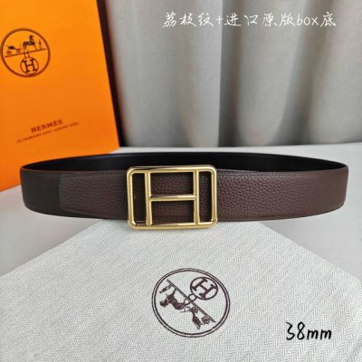 Hermè 爱马仕 双头尖 双面原版 原单品质 进口头层牛皮 咖啡色荔枝纹搭配黑色平纹 寸半38Mm 配官网H精钢金 银扣