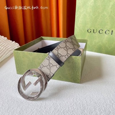 特 Gucci 灰黑色進口帆布Pvc耐用材料 搭配平紋頭層皮底 寬度40Mm 经典花紋扣永不过时款 潮流大方 时尚百搭
