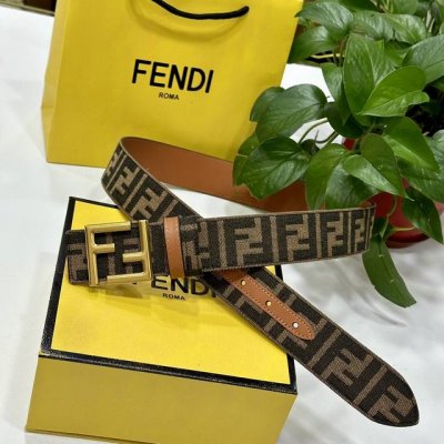 特P180 Fendl（芬迪）专柜同款 宽3.8Cm 原版定制布料 单环皮带钢扣 Ff图案布料材质 棕色皮革内衬 单钉镀钯金属配件 时尚潮流 经典系列