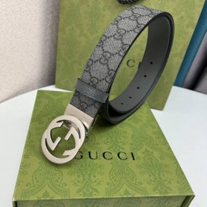 G U C C I 頂級品质 寬度3.7Cm一面專用訂製灰色帆布面料 衬托原厂猪皮纹灰色底 全新開模旋轉精密電鍍搭扣 对版专柜