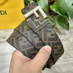 图片包装＋10 Fendi 芬迪 专柜同款 宽4.0Cm 双环正反用腰带 Ff按钉搭扣 深蓝色Cuoio Romano皮革材质 反面面料带有烟草黄和黑色Ff图案
