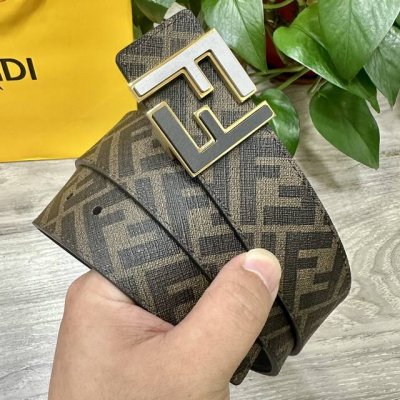 图片包装＋10 Fendi 芬迪 专柜同款 宽4.0Cm 双环正反用腰带 Ff按钉搭扣 深蓝色Cuoio Romano皮革材质 反面面料带有烟草黄和黑色Ff图案