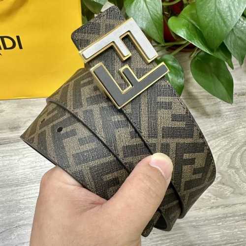 图片包装＋10 Fendi 芬迪 专柜同款 宽4.0Cm 双环正反用腰带 Ff按钉搭扣 深蓝色Cuoio Romano皮革材质 反面面料带有烟草黄和黑色Ff图案