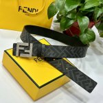 Fendi 芬迪 专柜同款 宽4.0Cm 双环正反用腰带 Ff按钉搭扣 黑色Cuoio Romano皮革材质 反面面料带有烟草黄和黑色Ff图案 四方金属饰面 时