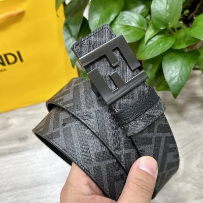 图片包装＋10 Fendi 芬迪 专柜同款 宽4.0Cm 双环正反用腰带 Ff按钉搭扣 黑色Cuoio Romano皮革材质 反面面料带有烟草灰和黑色Ff图案