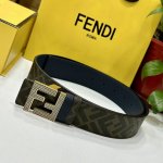 特 Fendi芬迪专柜同款 宽4.0Cm 双环正反用腰带 Ff按钉搭扣 深兰色Cuoio Romano皮革材质 反面面料带有烟草黄和黑色Ff图案 四方金属饰面