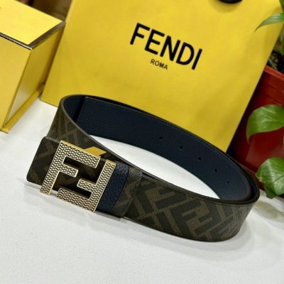 特 Fendi芬迪专柜同款 宽4.0Cm 双环正反用腰带 Ff按钉搭扣 深兰色Cuoio Romano皮革材质 反面面料带有烟草黄和黑色Ff图案 四方金属饰面