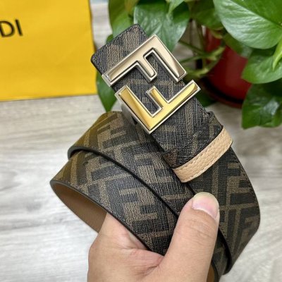 图片包装＋10 Fendi 芬迪 专柜同款 宽4.0Cm 双环正反用腰带 Ff按钉搭扣 土黄色Cuoio Romano皮革材质 反面面料带有烟草黄和黑色Ff图案