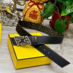 Fendi 芬迪 专柜同款 宽4.0Cm 双环正反用腰带 Ff按钉搭扣 黑色cuoio Romano皮革材质 反面面料带有烟草黄和黑色ff图案 黑色珐琅金属饰面