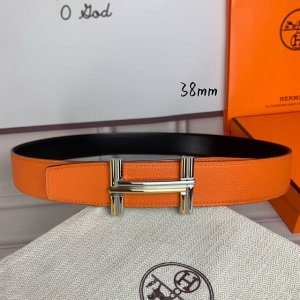 HermèS爱马仕 双头八字款 双面原版 原单品质 进口头层牛皮 橙色荔枝纹本色线搭配黑色平纹 寸半38Mm 配官网双H亮面金银间色 亮枪扣