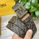 图片包装＋10 Fendi 芬迪 专柜同款 宽4.0Cm 双环正反用腰带 Ff按钉搭扣 土黄色Cuoio Romano皮革材质 反面面料带有烟草黄和黑色Ff图案
