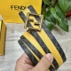 图片包装＋10 Fendi 芬迪 专柜同款 宽4.0Cm 双环正反用腰带 F按钉搭扣 黑色Cuoio Romano皮革材质 反面面料带有烟草黄和黑色Ff图案 黑