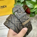 图片包装＋10 Fendi 芬迪 专柜同款 宽4.0Cm 双环正反用腰带 Ff按钉搭扣 咖啡色Cuoio Romano皮革材质 反面面料带有烟草黄和黑色Ff图案