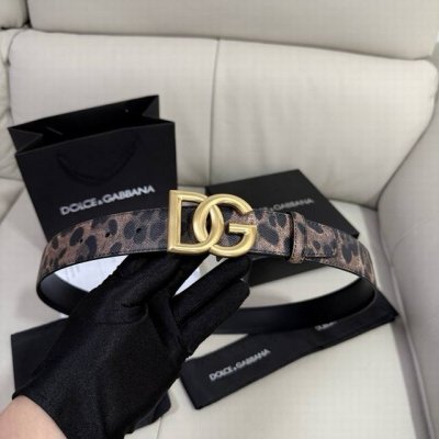 Dg，宽3.5Cm Dolce&Gabbana 豹纹印花 Dauhine 小牛皮与小牛皮双面腰带，搭配钌电镀 Dg 交叉造型徽标搭扣：钌色电镀金属徽标搭扣