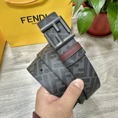 图片包装＋10 Fendi 芬迪 专柜同款 宽4.0Cm 双环正反用腰带 Ff按钉搭扣 酒红色Cuoio Romano皮革材质 反面面料带有烟草黄和黑色Ff图案
