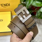 图片包装＋10 Fendi 芬迪 专柜同款 宽4.0Cm 双环正反用腰带 Ff按钉搭扣 咖啡色Cuoio Romano皮革材质 反面面料带有烟草黄和黑色Ff图案