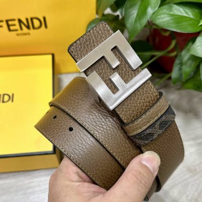 图片包装＋10 Fendi 芬迪 专柜同款 宽4.0Cm 双环正反用腰带 Ff按钉搭扣 咖啡色Cuoio Romano皮革材质 反面面料带有烟草黄和黑色Ff图案