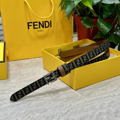 特 Fendl 芬迪 专柜同款 宽20Mm 原版定制布料 单环皮带钢扣 Ff图案布料材质 棕色皮革内衬 单钉镀钯金属配件 时尚潮流 经典系列