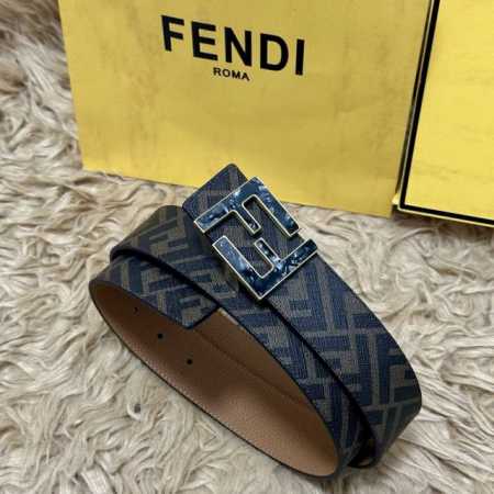 图片包装＋10 Fendi 芬迪 专柜同款 宽4.0Cm 双环正反用腰带 Ff按钉搭扣 土黄色Cuoio Romano皮革材质 反面面料带有烟草黄和黑色Ff图案 - 点击图像关闭