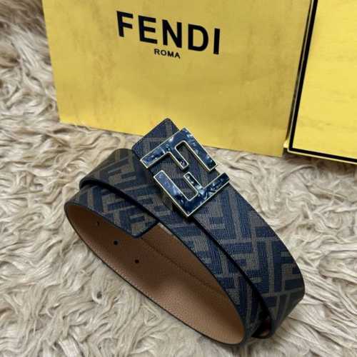 图片包装＋10 Fendi 芬迪 专柜同款 宽4.0Cm 双环正反用腰带 Ff按钉搭扣 土黄色Cuoio Romano皮革材质 反面面料带有烟草黄和黑色Ff图案