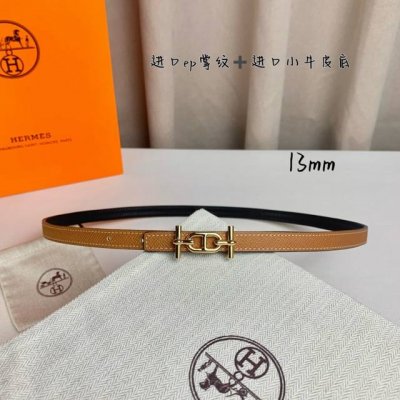 HermèS 爱马仕女款细腰带 原单品质 原版进口E手掌纹配进口小牛皮底 双面可用 土黄色黑色 13Mm宽 搭配H亮金 银扣