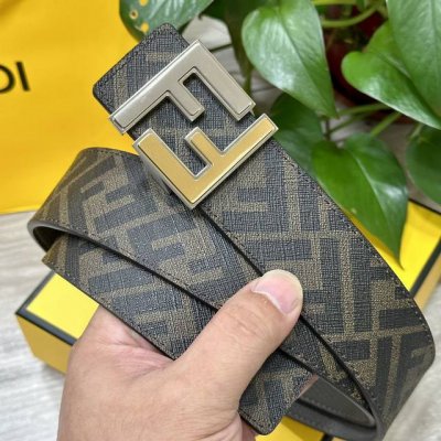 图片包装＋10 Fendi 芬迪 专柜同款 宽4.0Cm 双环正反用腰带 Ff按钉搭扣 灰色Cuoio Romano皮革材质 反面面料带有烟草黄和黑色Ff图案