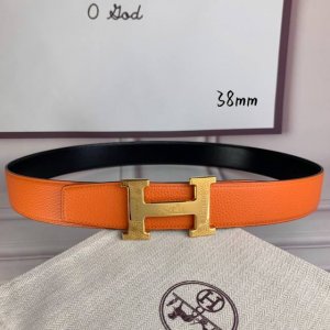 HermèS爱马仕 双头尖 双面原版 原单品质 进口头层牛皮 橙色荔枝纹搭配黑色平纹 寸半38Mm 配官网 H马拉车雕刻花纹亮金 亮银钢扣 DDD