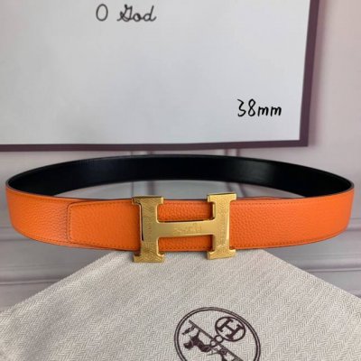 HermèS爱马仕 双头尖 双面原版 原单品质 进口头层牛皮 橙色荔枝纹搭配黑色平纹 寸半38Mm 配官网 H马拉车雕刻花纹亮金 亮银钢扣 DDD