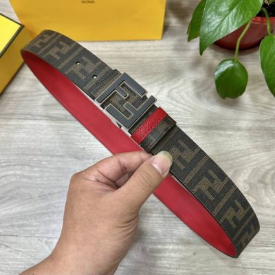 Fendi芬迪专柜同款 宽4.0Cm 双环正反用腰带 Ff按钉搭扣 红色Cuoio Romano皮革材质 反面面料带有烟草黄和黑色Ff图案 黑色珐琅金属饰面 时