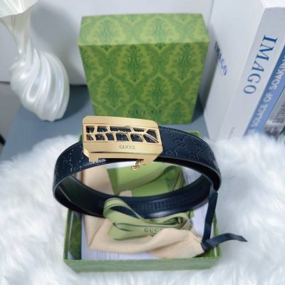 新款更新 古驰自动钢扣 宽度3.5Cm 推荐2026 男士皮带 原版压花头层牛皮 长度可裁剪 原版包装赠送