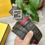 图片包装＋10 Fendi 芬迪 专柜同款 宽4.0Cm 双环正反用腰带 Ff按钉搭扣 红色Cuoio Romano皮革材质 反面面料带有烟草黄和黑色Ff图案