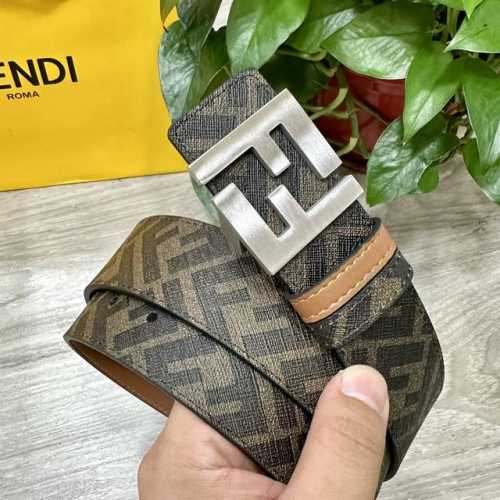 图片包装＋10 Fendi 芬迪 专柜同款 宽4.0Cm 双环正反用腰带 Ff按钉搭扣 土黄色Cuoio Romano皮革材质 反面面料带有烟草黄和黑色Ff图案