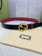 宽度4.0Cm Gucci 双面腰带，一侧为gg Supreme帆布，反面一侧为枣红色头层小牛皮。配以互扣式双g钢扣采用真空电镀 厚度6.0Mm