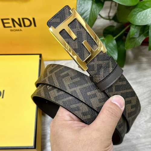 图片包装＋10 Fendi 芬迪 专柜同款 宽3.5Cm 双环正反用腰带 Ff按钉搭扣 咖啡色Cuoio Romano皮革材质 反面面料带有烟草黄和黑色Ff图案