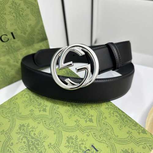 Gucci 0Ya0X 优质柔软细腻小牛皮面料 内衬进口专用底料 宽度4.0Cm 新版圆润互扣式双g搭扣