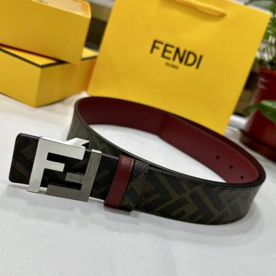 p190 Fendi（芬迪）专柜同款 宽4.0Cm 双环正反用腰带 Ff按钉搭扣 酒红色Cuoio Romano皮革材质 反面面料带有烟草黄和黑色Ff图案 四方