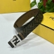 Fendi芬迪专柜同款 宽4.0Cm 双环正反用腰带 Ff按钉搭扣 棕色Cuoio Romano皮革材质 反面面料带有烟草黄和黑色Ff图案 四方金属饰面 时尚经