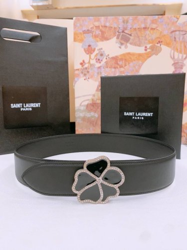 杨树林 Saint Laurent 心形四叶草腰带水钻.水晶黑光滑皮革订制牛皮 5.0Cm 腰封 百搭主色