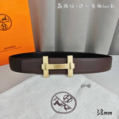 特 Herm 爱马仕 双头尖 双面原版 原单品质 进口头层牛皮 咖啡色荔枝纹搭配黑色平纹 寸半38Mm 配H官网新款拉丝金 银 黑扣