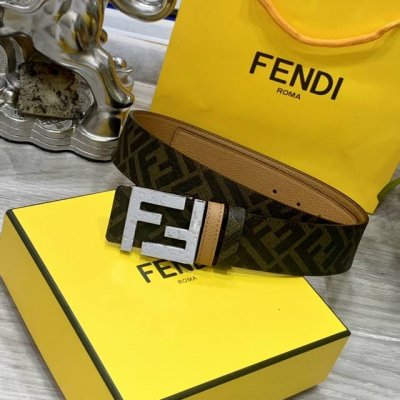 Fendi 芬迪 专柜同款 宽4.0Cm 双环正反用腰带 Ff按钉搭扣 土黄色Cuoio Romano皮革材质 反面面料带有烟草黄和黑色Ff图案 黑色珐琅金属饰