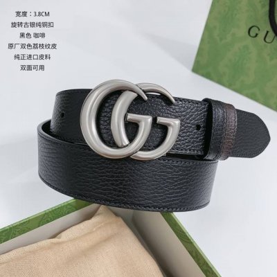 特 古奇 顶级货 宽度3.7Cm 双面进口全粒面荔纹小牛皮，黑色搭配咖啡，全粒面皮料越用皮面越发光亮，性价比十足。 扣头：纯铜旋转扣
