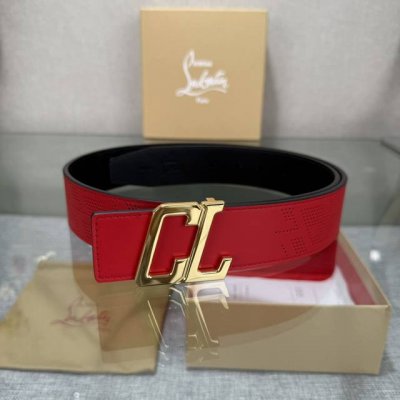 特 配包装盒3.8宽Christian Louboutin 男士Ricky标志性徽标搭扣黑色腰带红色底，双面牛皮。
