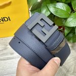 图片包装＋10 Fendi 芬迪 专柜同款 宽4.0Cm 双环正反用腰带 Ff按钉搭扣 深蓝色Cuoio Romano皮革材质 反面面料带有烟草黄和黑色Ff图案