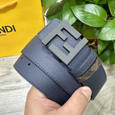图片包装＋10 Fendi 芬迪 专柜同款 宽4.0Cm 双环正反用腰带 Ff按钉搭扣 深蓝色Cuoio Romano皮革材质 反面面料带有烟草黄和黑色Ff图案